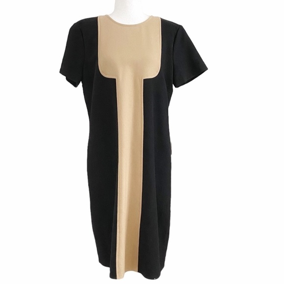 RED VALENTINO BLACK TAN VIRGIN WOOL CASHMERE BLEND SHORT SLEEVE SHIFT DRESS - L - Picture 1 of 8